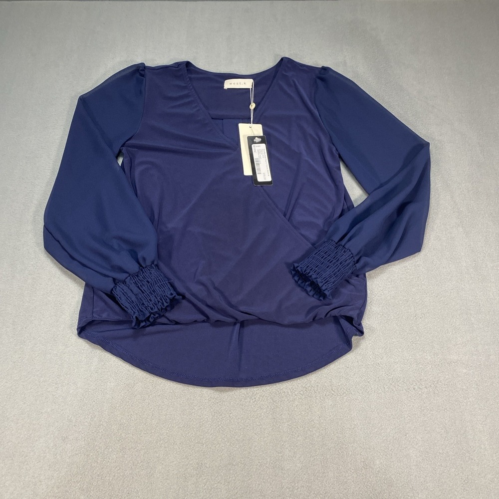 West K Women's Small Blouse Faux Wrap Sheer Ruched Cuffs V-Neck Navy Blue NWT
